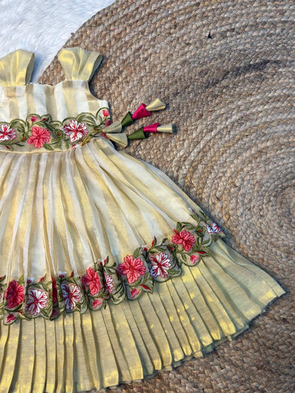 Pavai - Golden Stripes Floral Border Banarasi Soft Tissue Sleeveless Gown | CPM_0563