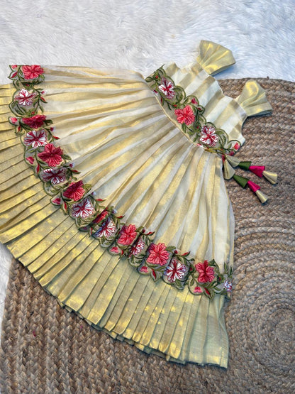 Pavai - Golden Stripes Floral Border Banarasi Soft Tissue Sleeveless Gown | CPM_0563