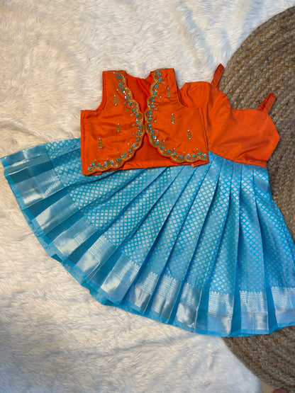 Orange & Sky Blue Kanchi Soft Silk Aari Work Overcoat Set | CPM_0565