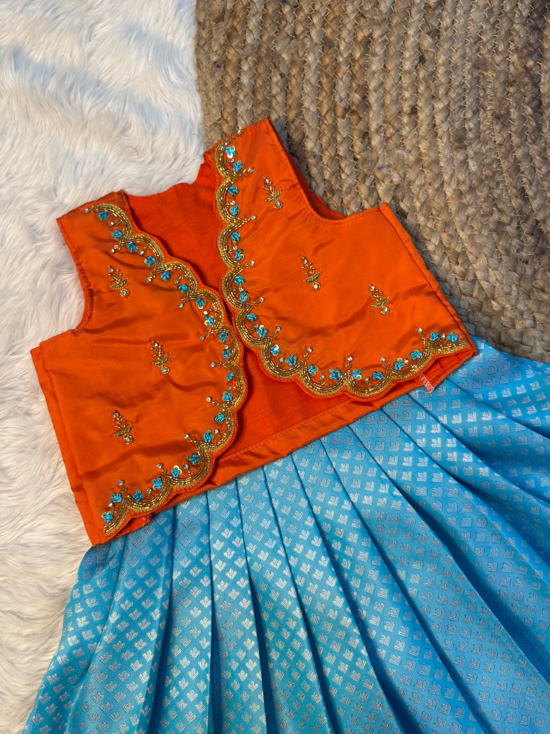 Orange & Sky Blue Kanchi Soft Silk Aari Work Overcoat Set | CPM_0565