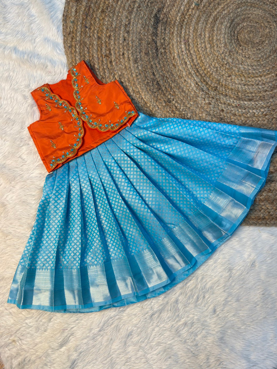 Orange & Sky Blue Kanchi Soft Silk Aari Work Overcoat Set | CPM_0565