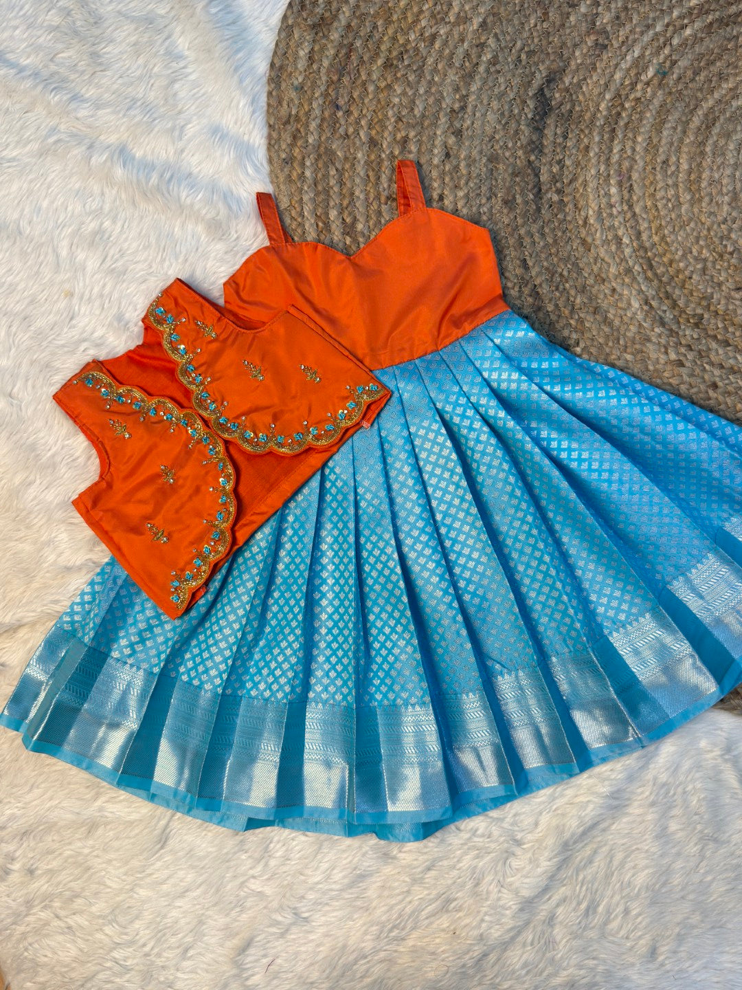 Orange & Sky Blue Kanchi Soft Silk Aari Work Overcoat Set | CPM_0565