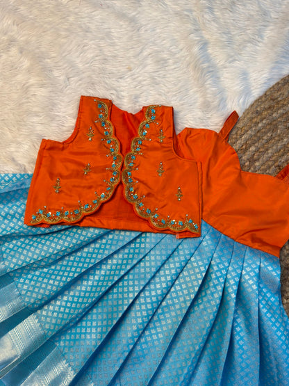 Orange & Sky Blue Kanchi Soft Silk Aari Work Overcoat Set | CPM_0565