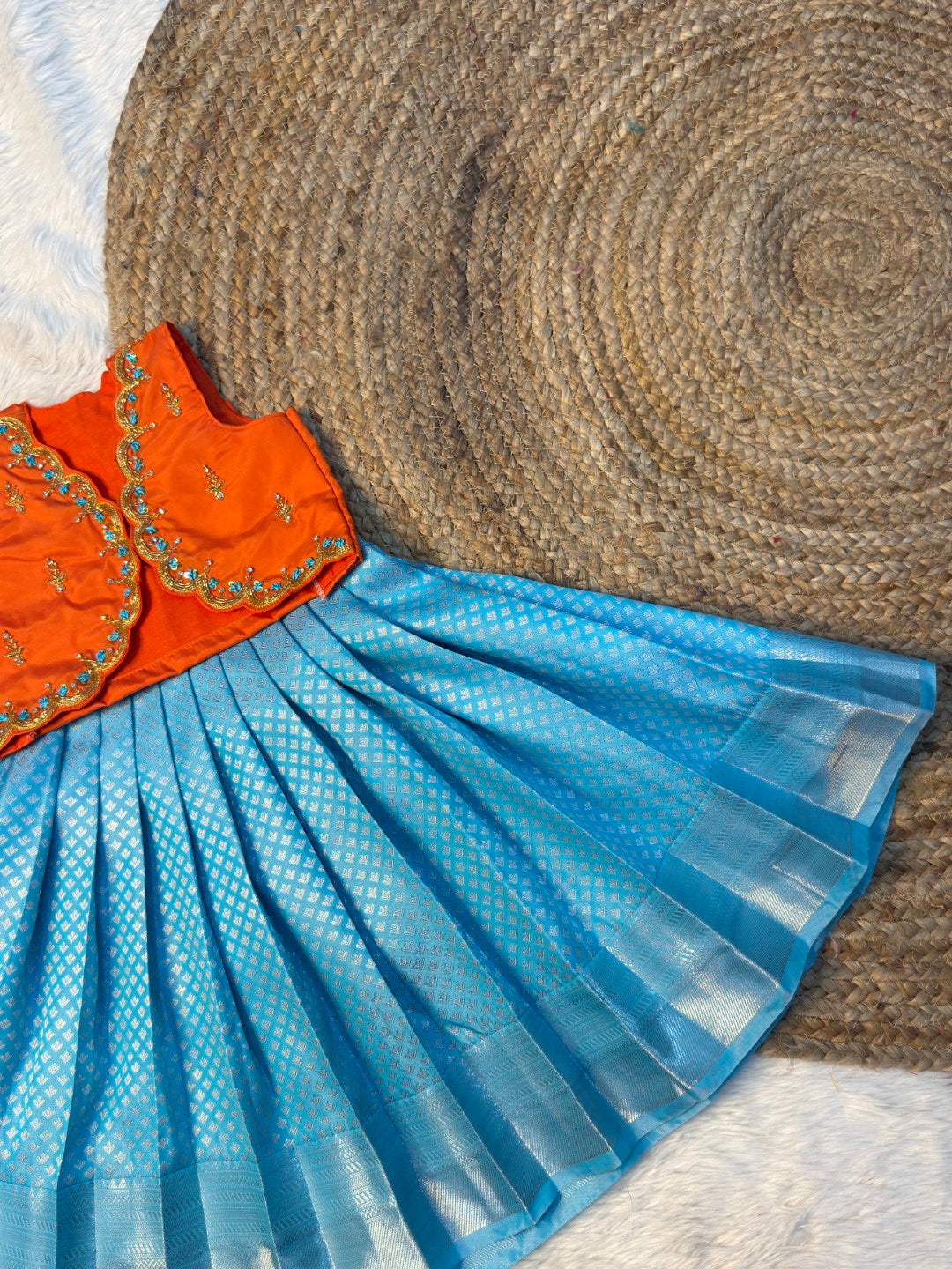 Orange & Sky Blue Kanchi Soft Silk Aari Work Overcoat Set | CPM_0565