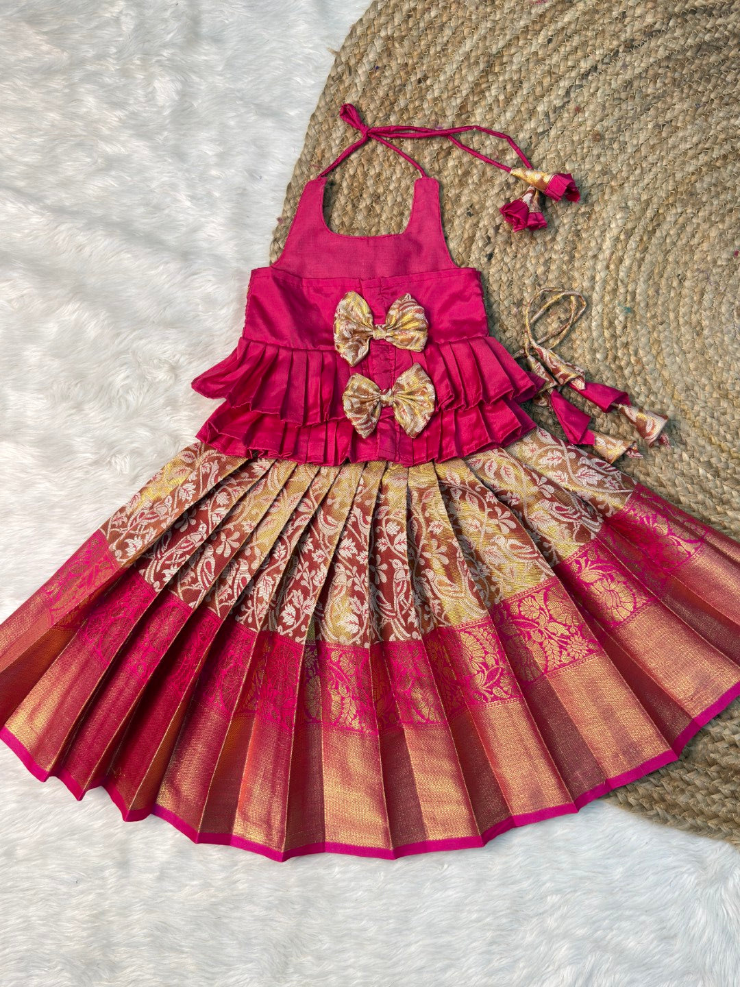 Pink Kanchipuram Tissue Silk Halter Neck Top & Skirt | CPM_0569