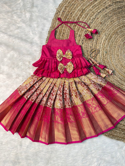 Pink Kanchipuram Tissue Silk Halter Neck Top & Skirt | CPM_0569