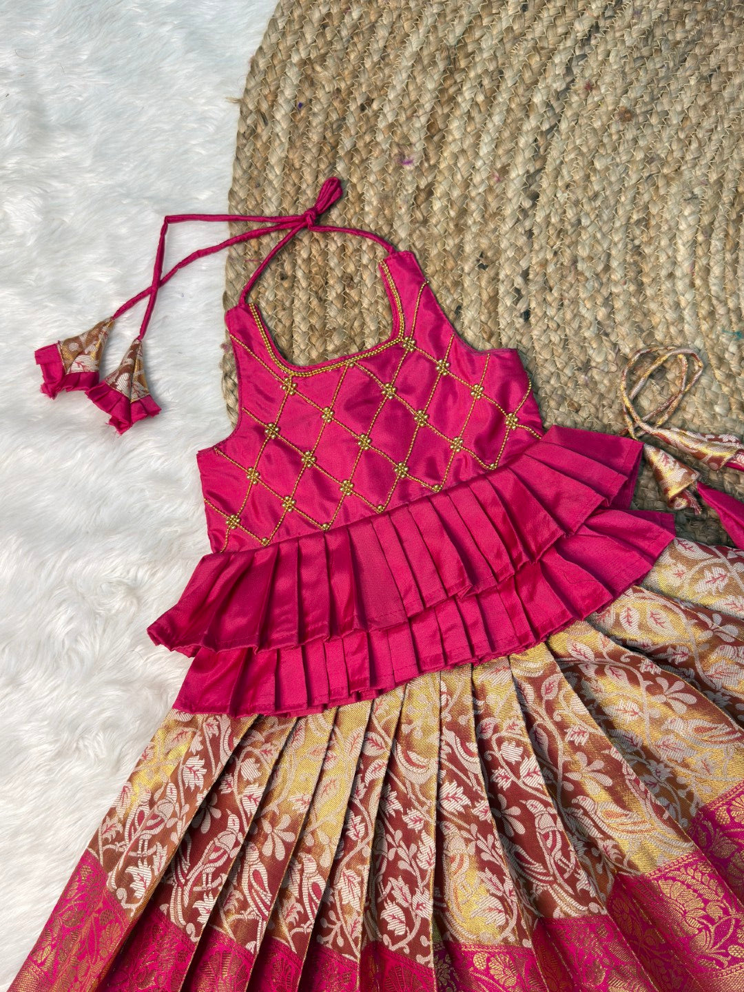Pink Kanchipuram Tissue Silk Halter Neck Top & Skirt | CPM_0569