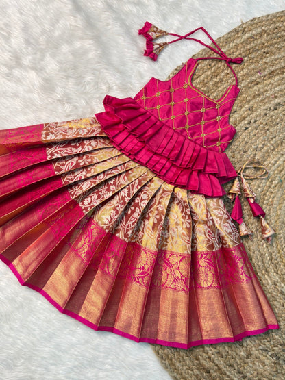 Pink Kanchipuram Tissue Silk Halter Neck Top & Skirt | CPM_0569