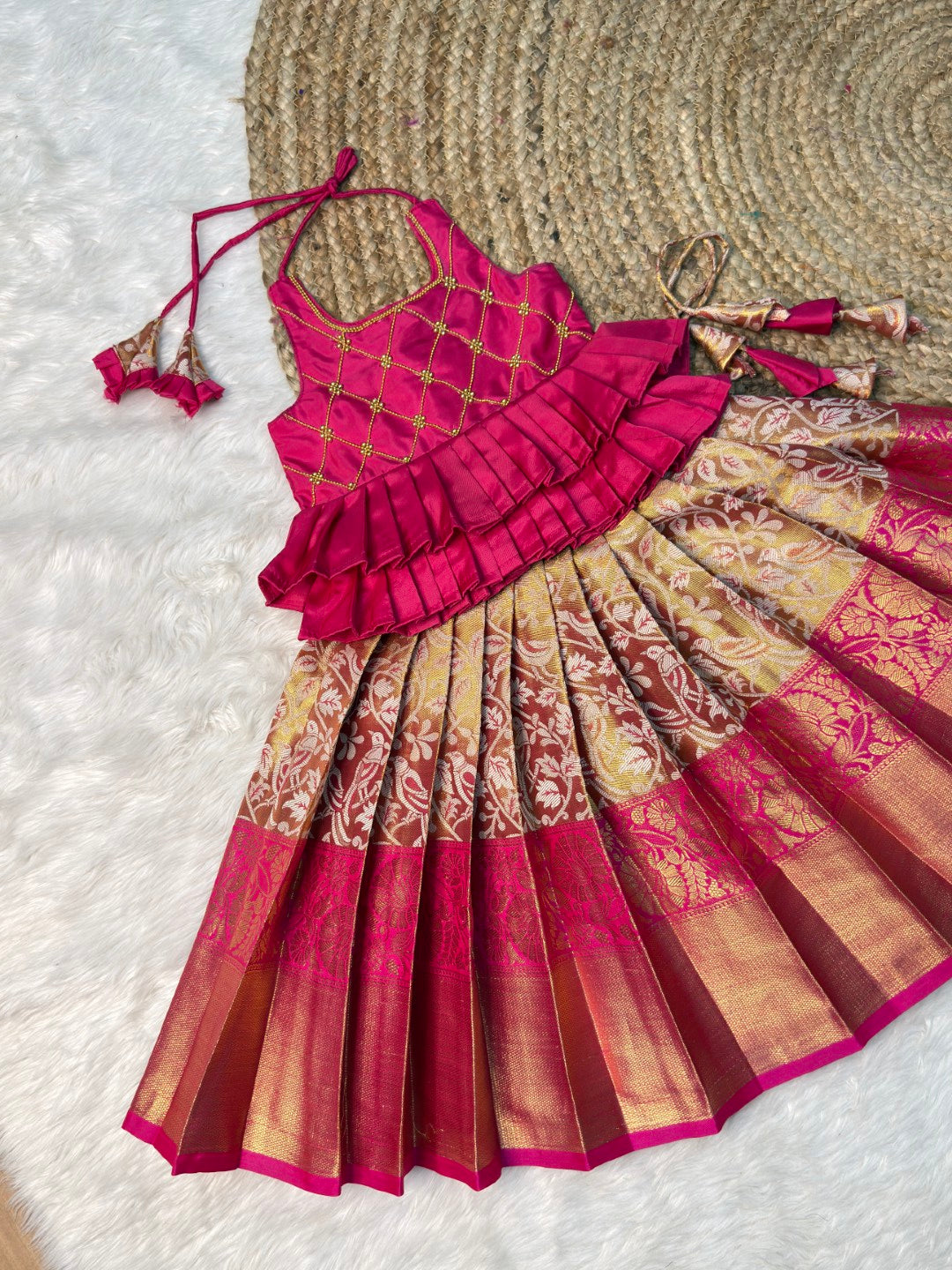 Pink Kanchipuram Tissue Silk Halter Neck Top & Skirt | CPM_0569