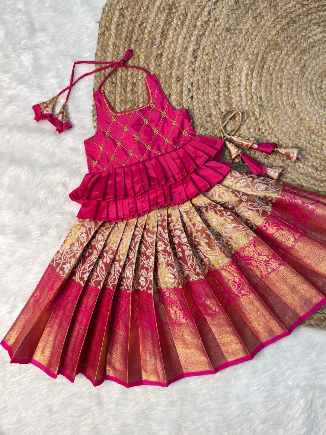 Pink Kanchipuram Tissue Silk Halter Neck Top & Skirt | CPM_0569