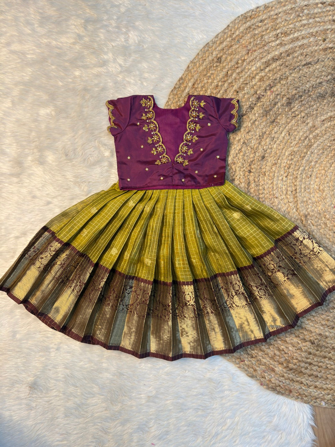 Dark Purple Silk Aari Work Overcoat Set with Olive Zari Skirt | CPM_0570
