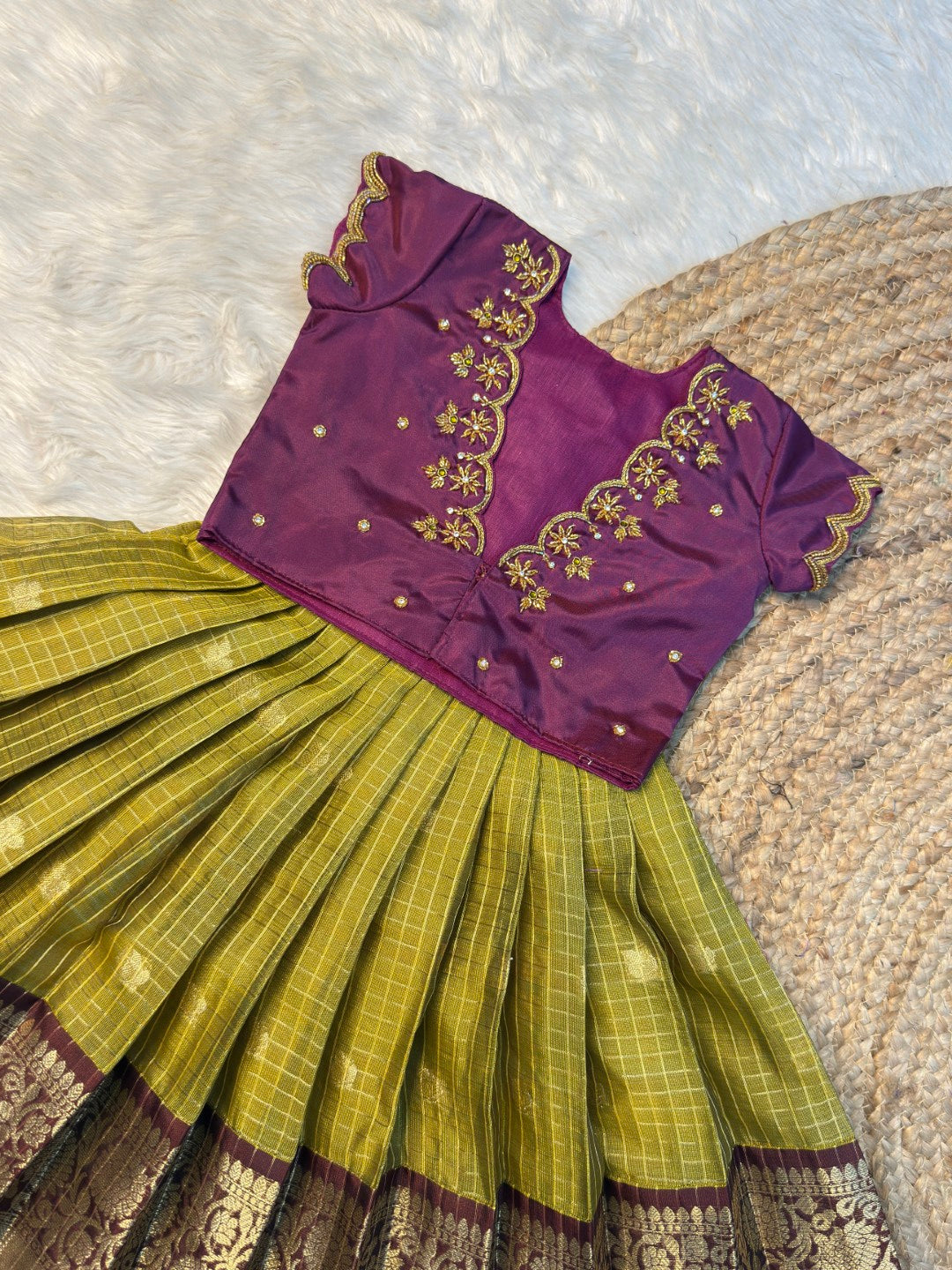 Dark Purple Silk Aari Work Overcoat Set with Olive Zari Skirt | CPM_0570