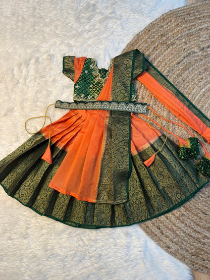 Meghna – Peachish Orange & Bottle Green Warm Silk Aari Work Half Saree | CPM_0572