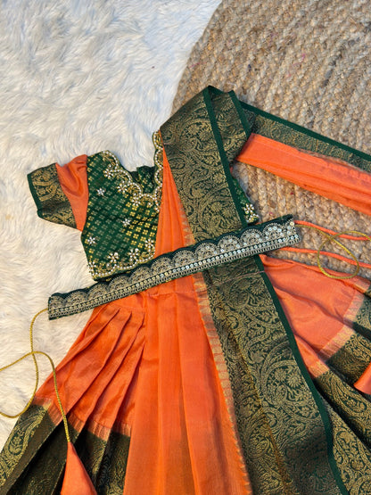 Meghna – Peachish Orange & Bottle Green Warm Silk Aari Work Half Saree | CPM_0572