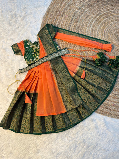 Meghna – Peachish Orange & Bottle Green Warm Silk Aari Work Half Saree | CPM_0572