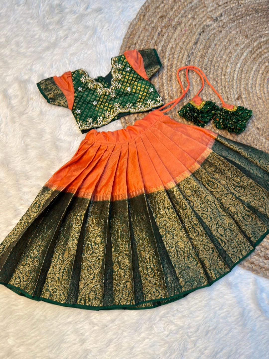Meghna – Peachish Orange & Bottle Green Warm Silk Aari Work Half Saree | CPM_0572
