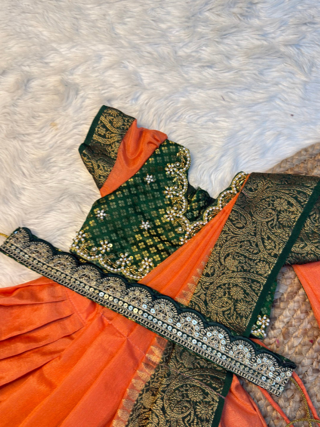 Meghna – Peachish Orange & Bottle Green Warm Silk Aari Work Half Saree | CPM_0572