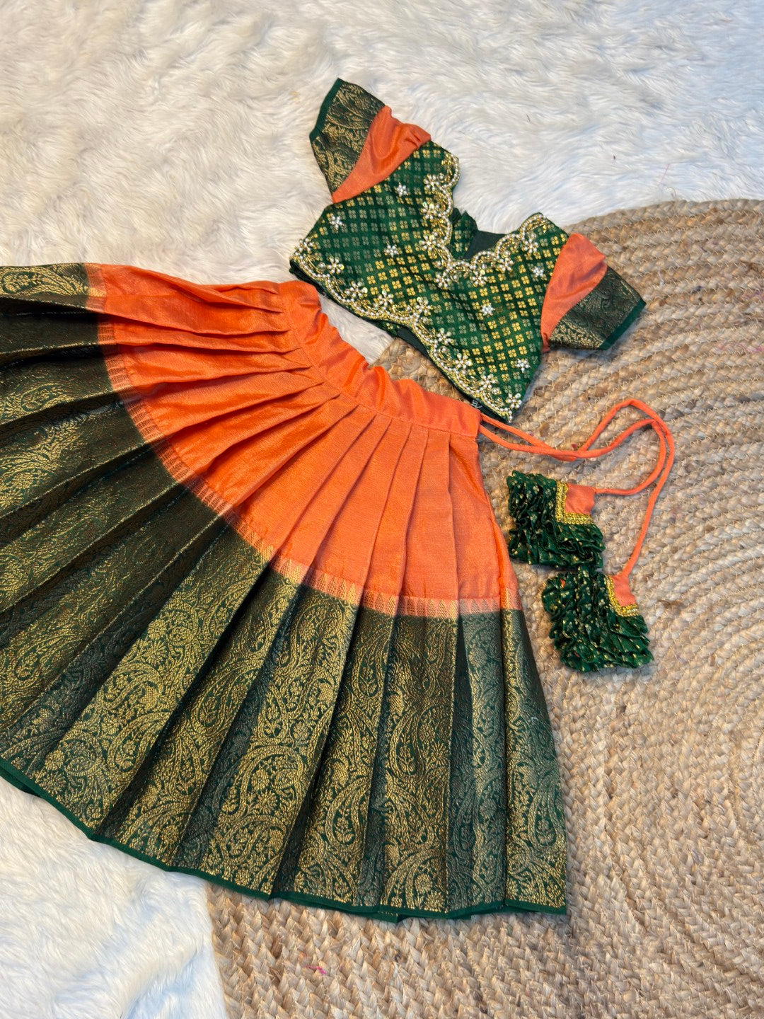 Meghna – Peachish Orange & Bottle Green Warm Silk Aari Work Half Saree | CPM_0572