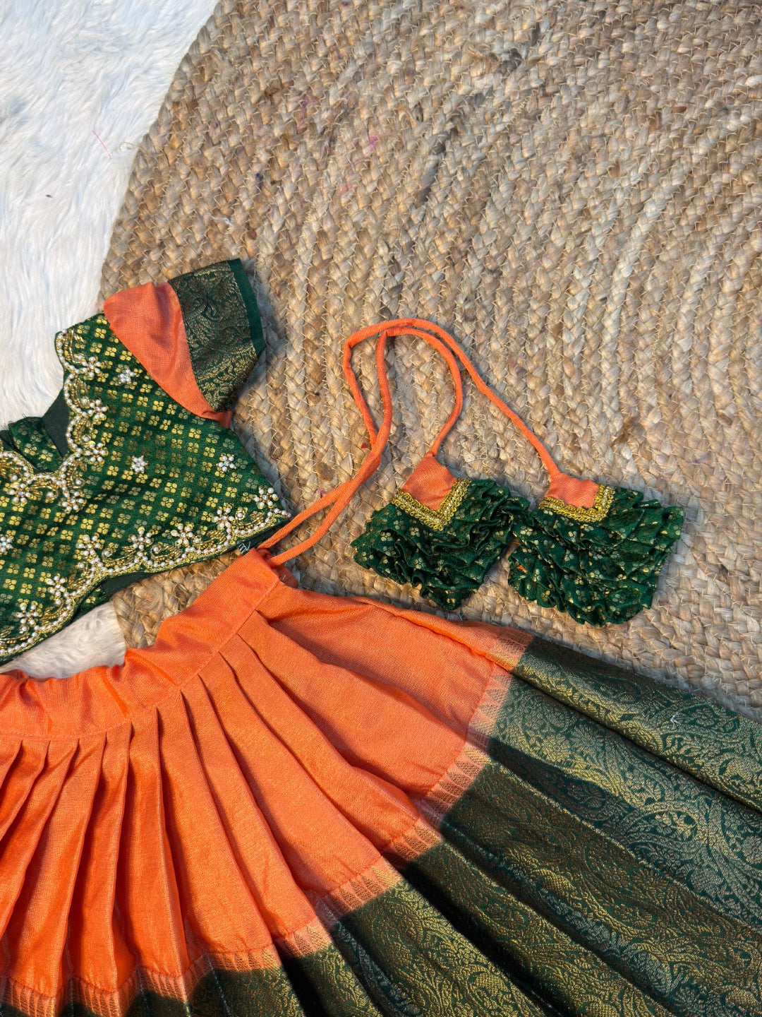 Meghna – Peachish Orange & Bottle Green Warm Silk Aari Work Half Saree | CPM_0572