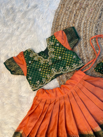 Meghna – Peachish Orange & Bottle Green Warm Silk Aari Work Half Saree | CPM_0572
