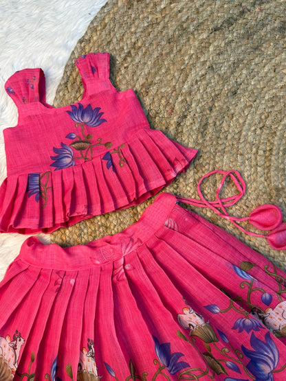 Pink Chanderi Cotton Top & Skirt Set | CPM_0573