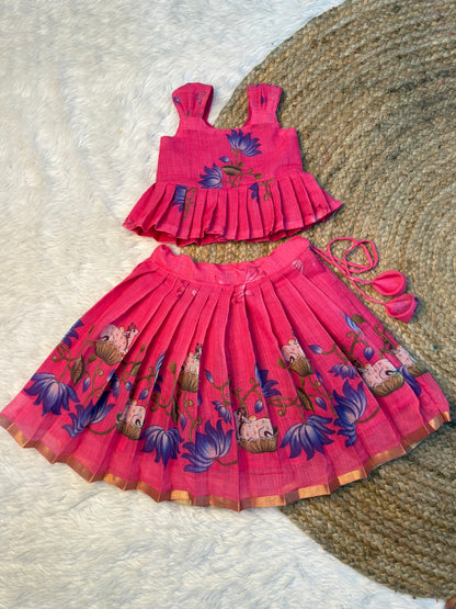 Pink Chanderi Cotton Top & Skirt Set | CPM_0573