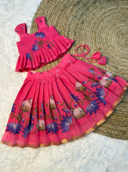 Pink Chanderi Cotton Top & Skirt Set | CPM_0573