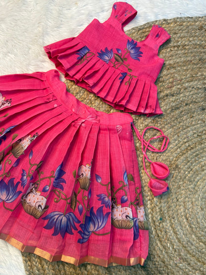 Pink Chanderi Cotton Top & Skirt Set | CPM_0573
