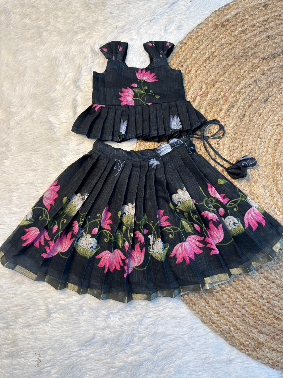 Black Chanderi Cotton Top & Skirt Set | CPM_0574