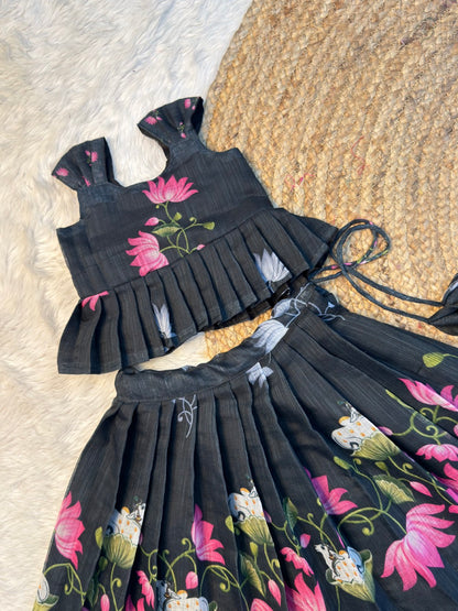 Black Chanderi Cotton Top & Skirt Set | CPM_0574