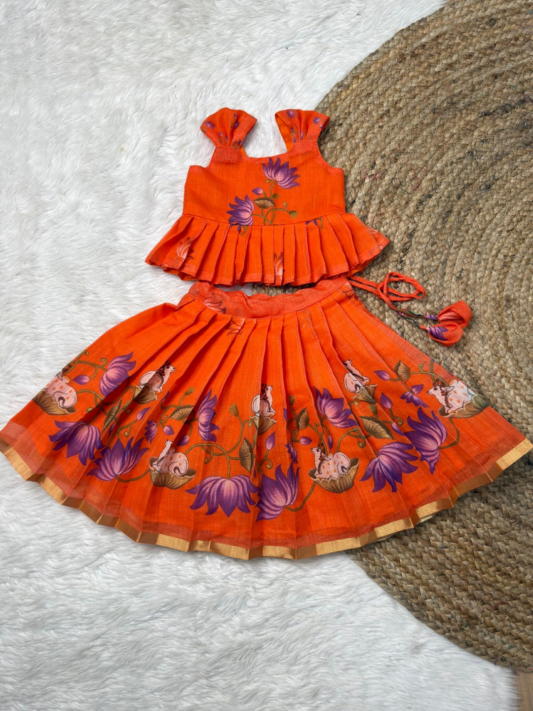 Orange Chanderi Cotton Top & Skirt Set | CPM_0575