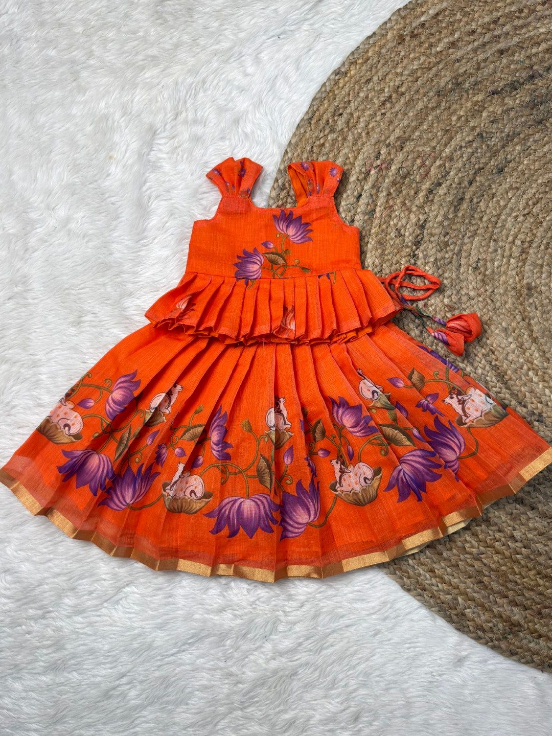 Orange Chanderi Cotton Top & Skirt Set | CPM_0575