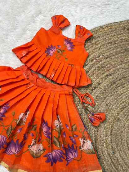 Orange Chanderi Cotton Top & Skirt Set | CPM_0575