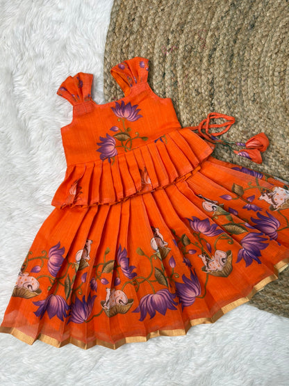 Orange Chanderi Cotton Top & Skirt Set | CPM_0575