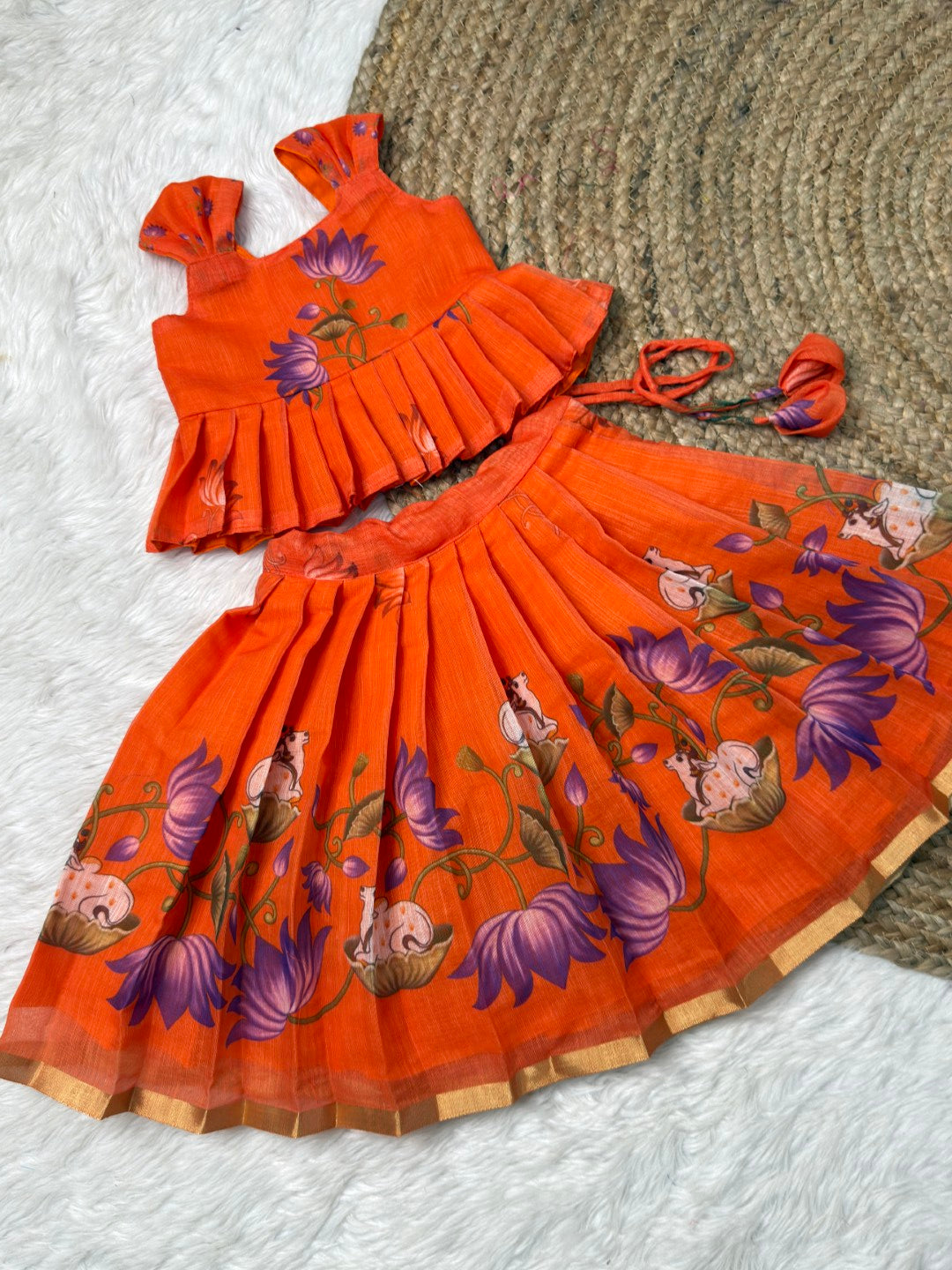 Orange Chanderi Cotton Top & Skirt Set | CPM_0575