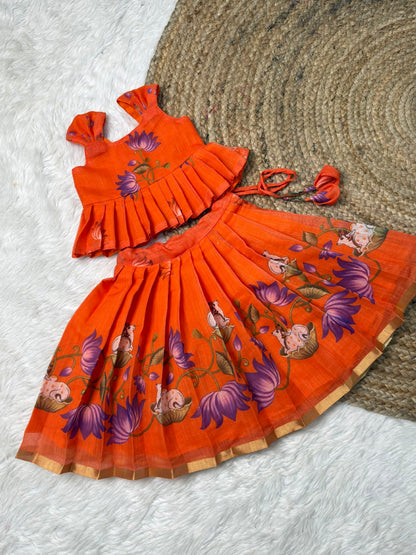 Orange Chanderi Cotton Top & Skirt Set | CPM_0575