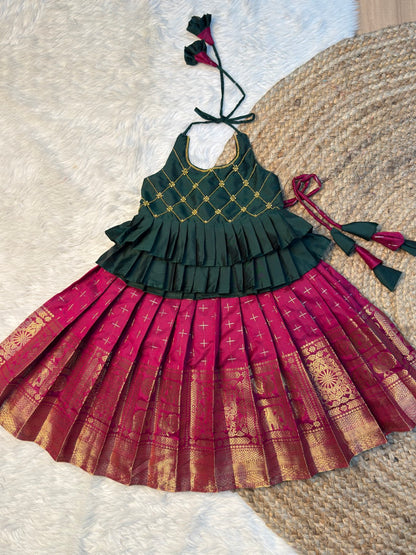 Green & Magenta Semi Kanchi Silk Halter Neck Top & Skirt | CPM_0576
