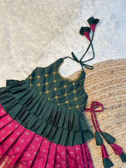 Green & Magenta Semi Kanchi Silk Halter Neck Top & Skirt | CPM_0576