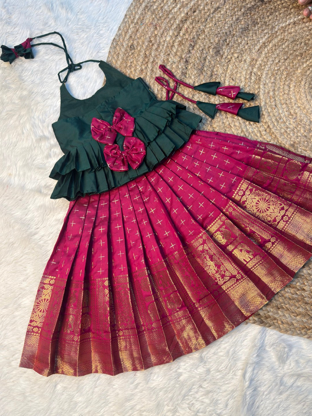 Green & Magenta Semi Kanchi Silk Halter Neck Top & Skirt | CPM_0576