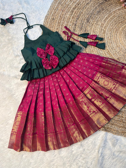 Green & Magenta Semi Kanchi Silk Halter Neck Top & Skirt | CPM_0576