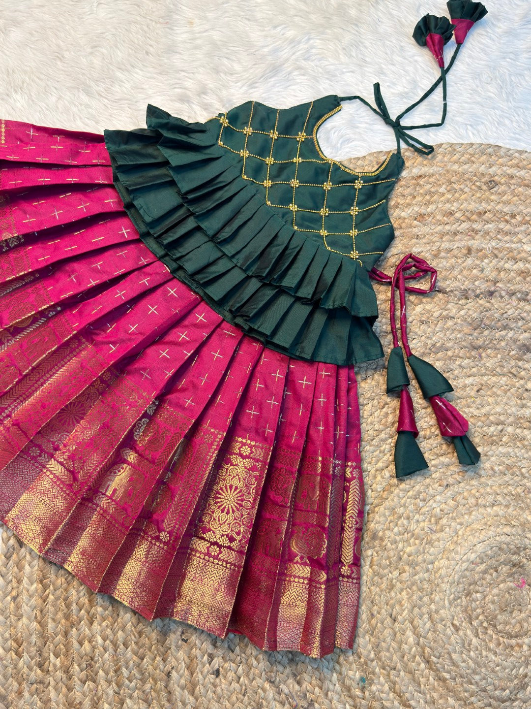 Green & Magenta Semi Kanchi Silk Halter Neck Top & Skirt | CPM_0576