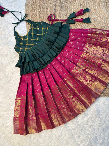 Green & Magenta Semi Kanchi Silk Halter Neck Top & Skirt | CPM_0576
