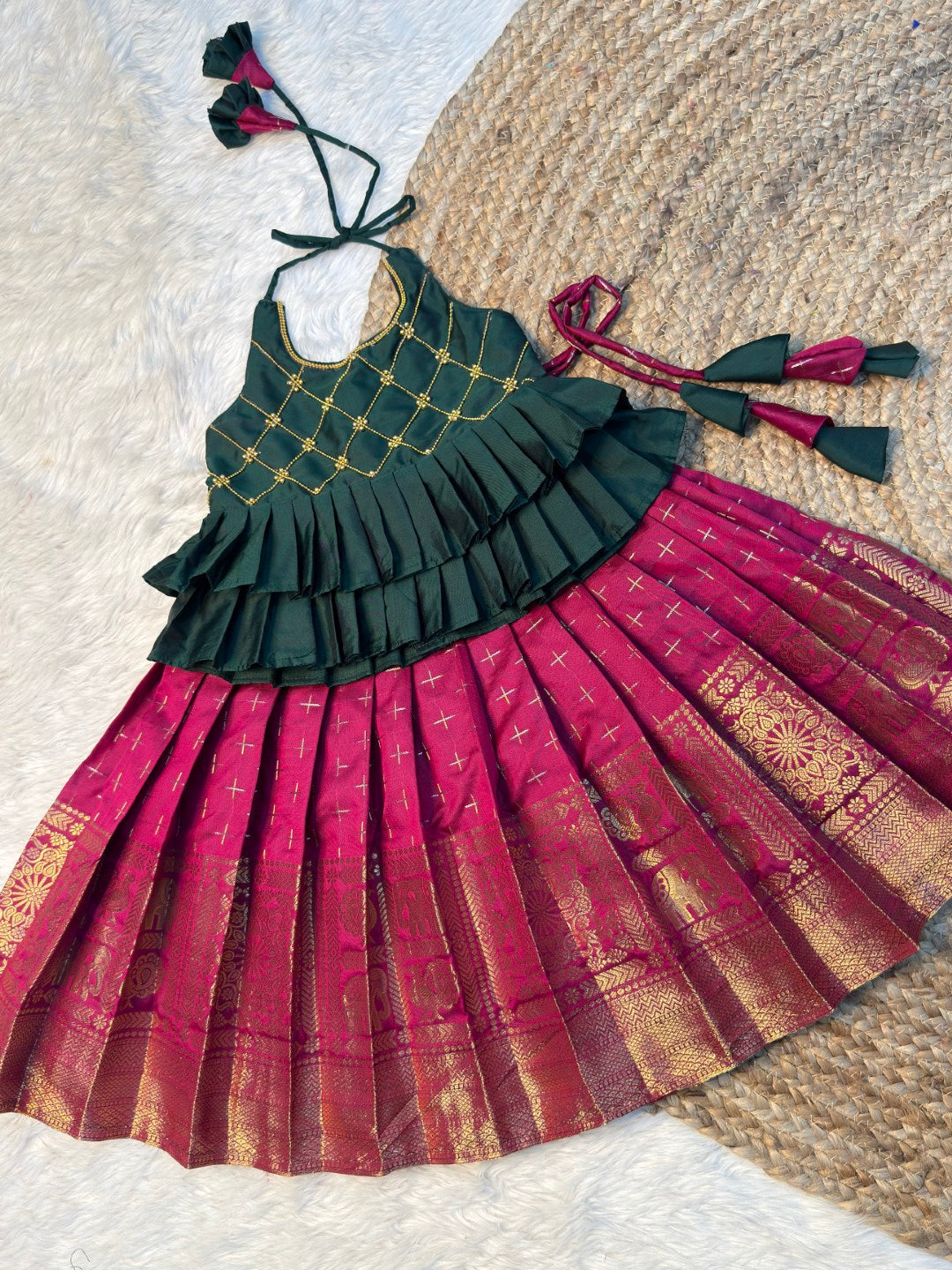 Green & Magenta Semi Kanchi Silk Halter Neck Top & Skirt | CPM_0576