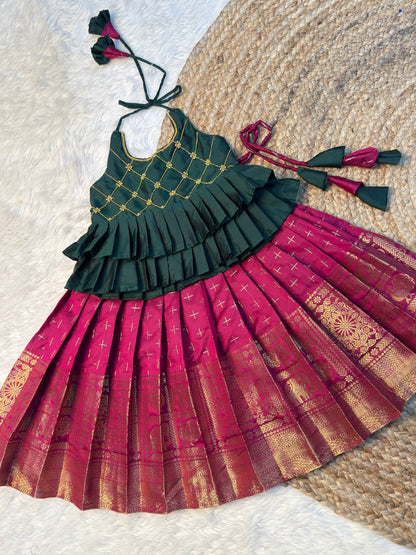 Green & Magenta Semi Kanchi Silk Halter Neck Top & Skirt | CPM_0576