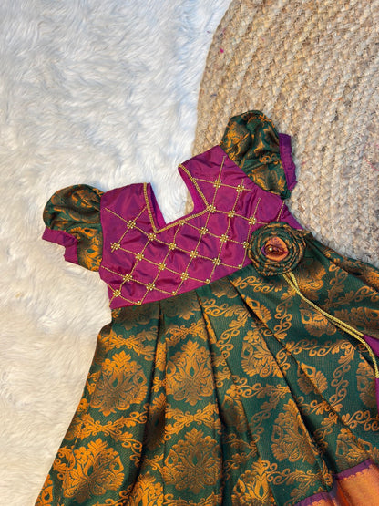 Green & Purple Pure Kanchi Silk Pattu Gown | CPM_0579