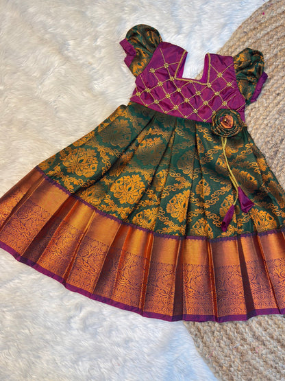 Green & Purple Pure Kanchi Silk Pattu Gown | CPM_0579
