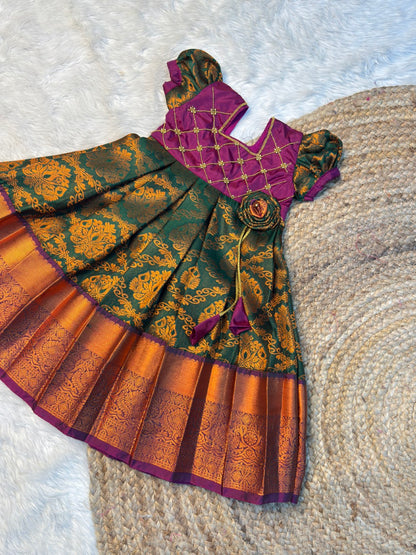 Green & Purple Pure Kanchi Silk Pattu Gown | CPM_0579