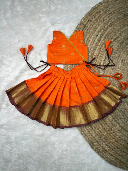 Orange & Brown Banarasi Semi Katan Pattu Set | CPM_0580