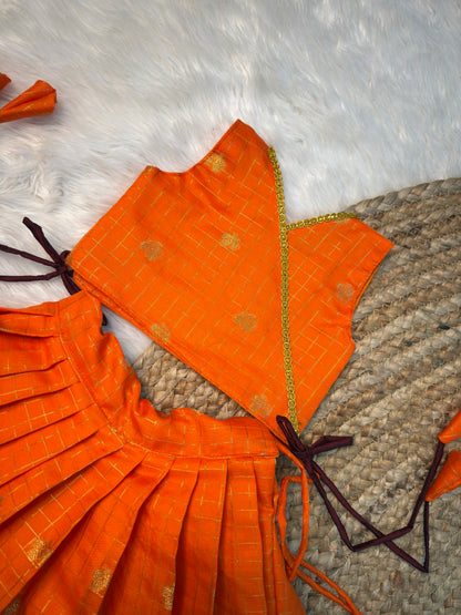 Orange & Brown Banarasi Semi Katan Pattu Set | CPM_0580