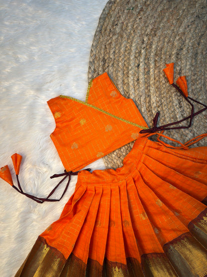 Orange & Brown Banarasi Semi Katan Pattu Set | CPM_0580